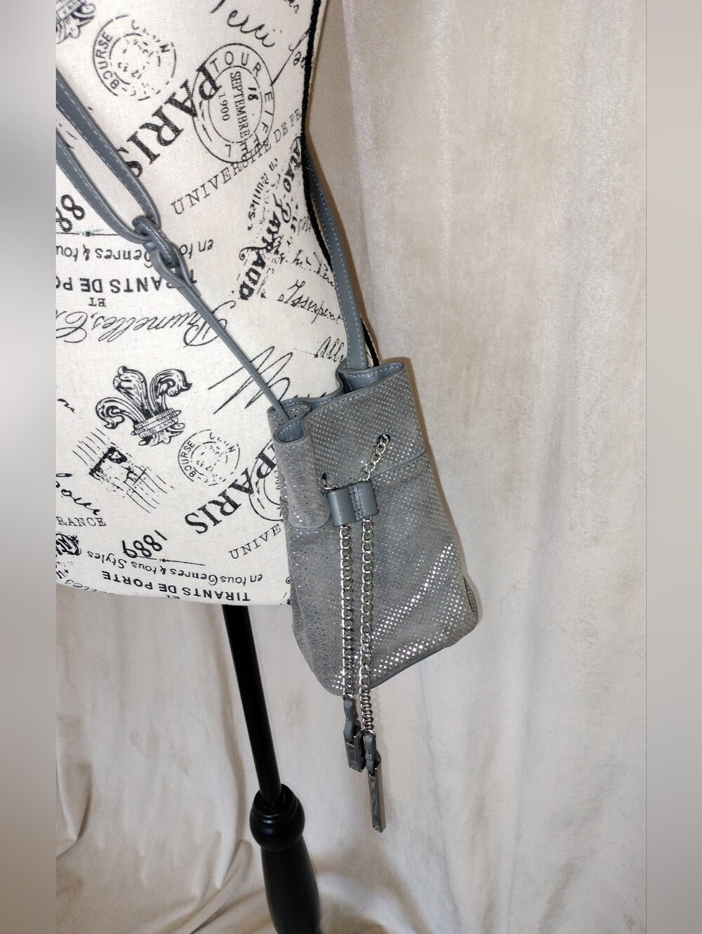 NWOT! Halston Heritage Metallic Gray Leather/Suede Crossbody Mini Bucket Bag - Picture 2 of 11